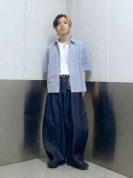 「RAGEBLUE（レイジブルー）の＜接触冷感＞Cool Feeling Light oz Denim Barrel Pants/ライトオンスデニムバレルパンツ（デニムパンツ、ブルー系）」を使った、覇都さん（メンズ・162cm）の夏コーディネート
