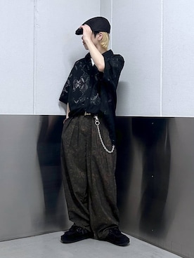 「RAGEBLUE（レイジブルー）のBotanical Pattern Summer Cocoon Easy Pants/総柄/サマーコクーンイージーパンツ（スラックス、ブラウン系）」を使った、覇都さん（メンズ・162cm）の夏コーディネート