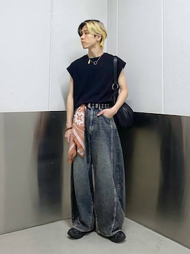 「RAGEBLUE（レイジブルー）の2Way Synthetic Leather Round Shoulder hand bag /タックラウンドショルダーハンドバッグ（ショルダーバッグ、ブラック系）」を使った、覇都さん（メンズ・162cm）の春コーディネート