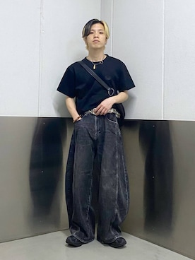 「RAGEBLUE（レイジブルー）の2Way Synthetic Leather Round Shoulder hand bag /タックラウンドショルダーハンドバッグ（ショルダーバッグ、ブラック系）」を使った、覇都さん（メンズ・162cm）の夏コーディネート