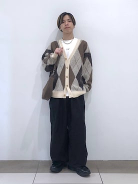 「RAGEBLUE（レイジブルー）のMohair Blend Shaggy Knit Cardigan / 総柄モヘヤニットカーディガン（カーディガン/ボレロ）」を使った、覇都さん（メンズ・162cm）の秋コーディネート