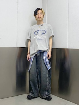 「RAGEBLUE（レイジブルー）の【LUXURY+EASY】OVER SIZE DRAPE OMBRE CHECK SHIRTS / ラグイージー/オーバーサイズドレープオンブレチェックシャツ（シャツ/ブラウス、ブルー系）」を使った、覇都さん（メンズ・162cm）の夏コーディネート