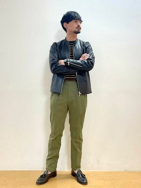 「タッセルローファー」｜「アイテム（ライダースジャケット）」を使った、BEAMS HEART MENさん（メンズ・173cm）の春コーディネート