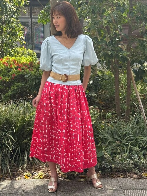 DT♪プリントポプリン フレアミディスカート レッド GEISHA セール】BANANA REPUBLIC FACTORY STORE ポプリン プリーツ