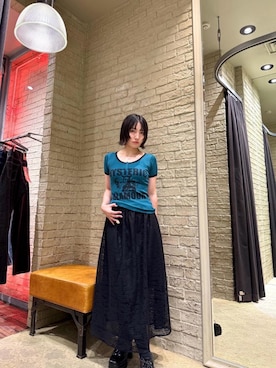 「HYSTERIC GLAMOUR（ヒステリックグラマー）のTYPE LOGO柄ジャガード ギャザースカート（スカート、ブラック系）」を使った、YUIKAさん（レディース・158cm）の夏コーディネート