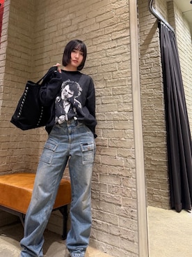 「HYSTERIC GLAMOUR（ヒステリックグラマー）のSTUDS CANVAS トート（トートバッグ、ブラック系）」を使った、YUIKAさん（レディース・158cm）の夏コーディネート