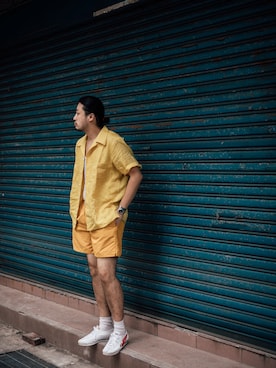 「アイテム（カーゴパンツ、イエロー系）」を使った、47さん（メンズ・177cm）の夏コーディネート