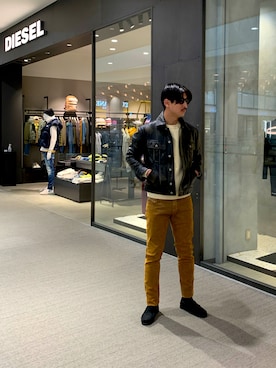「DIESEL（ディーゼル）のアイテム（ライダースジャケット）」を使った、Katsuoさん（メンズ・184cm）の冬コーディネート