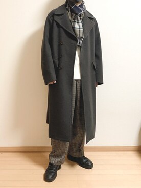 「LIDNM（リドム）のアイテム（チェスターコート）」を使った、えあろさん（メンズ・169cm）の冬コーディネート