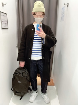 「春カラー」｜「アイテム（ノーカラーコート）」を使った、nishiさん（レディース・162cm）の冬コーディネート