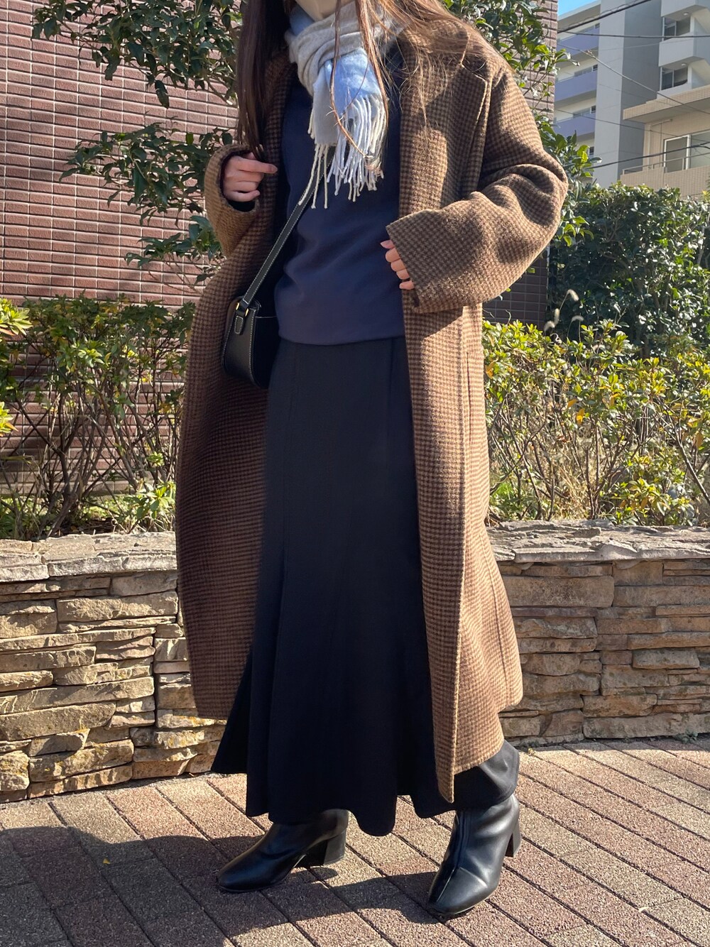 「TODAYFUL、GU、冬コーデ、チェックコート」｜「FURLAのアイテム（マフラー、ブルー系）」を使った、y___kさん（レディース・158cm）の冬コーディネートの1枚目の写真