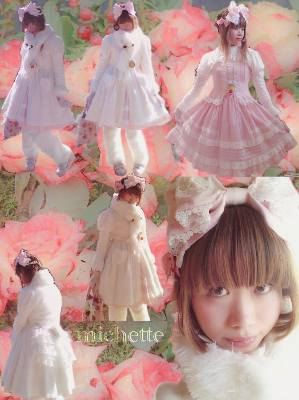 「リボンカチューシャ、BABY, THE STARS SHINE BRIGHT、茶髪、リボンバレッタ、コートワンピ、パフスリーブ、ファーマフラー、ジャンパースカート、ALICE and the PIRATES、レッグウォーマー、エプロン、MARBLE(大文字の方)、ピンク×白、ロリータ、ロリィタ」｜「Handmadeのハンドメイド(姉作)/苺柄トートバッグ(ピンク•赤系)（トートバッグ、ピンク系）」を使った、✞𝔪𝖎𝖈𝖍𝖊𝖙𝖙𝖊✞さん（レディース・162cm）の秋コーディネートの1枚目の写真