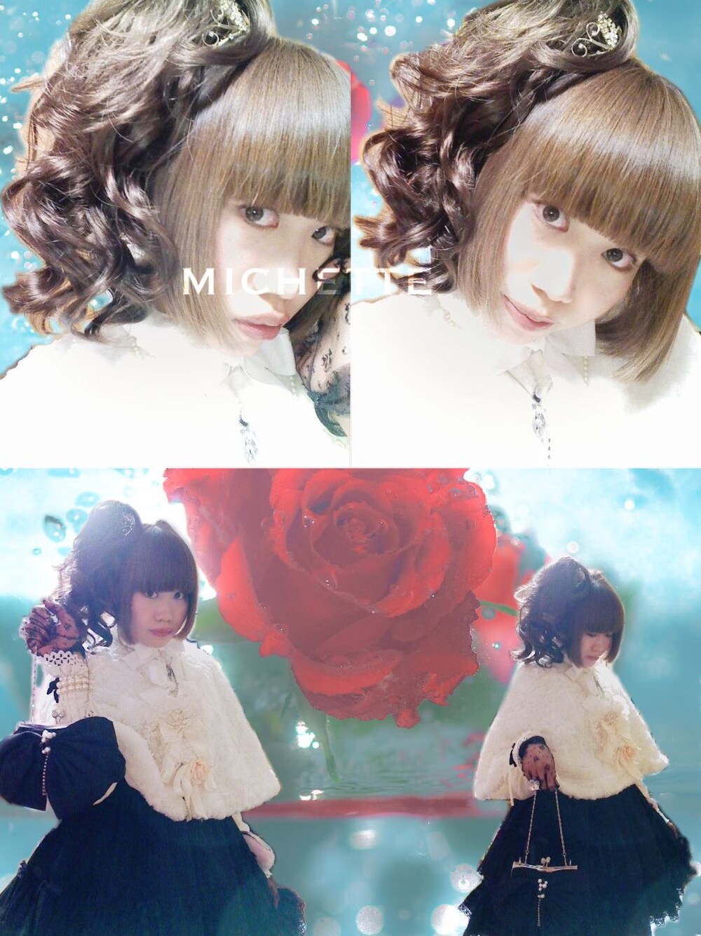 「パッツン前髪、茶髪、ポイントウィッグ、盛り髪、ティアラ、ファー、マント、BABY, THE STARS SHINE BRIGHT、半袖ワンピース、metamorphose temps de fille、レース手袋、パーティーバッグ、ブラック×ホワイト、ロリータ、ロリィタ」｜「no brandのリボン•パール•ビーズ•ラインストーン付きがま口パーティバッグ(黒)（ハンドバッグ、ブラック系）」を使った、✞𝔪𝖎𝖈𝖍𝖊𝖙𝖙𝖊✞さん（レディース・162cm）の秋コーディネートの1枚目の写真