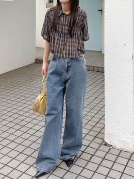 「RETRO GIRL（レトロガール）のストレートデニムPT（デニムパンツ、ブルー系）」を使った、RETROGIRLさん（レディース・161cm）の夏コーディネート
