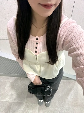 「RETRO GIRL（レトロガール）の多釦リブニットPO（ニット/セーター、ピンク系）」を使った、RETROGIRLさん（レディース・156cm）の春コーディネート