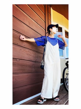 「透かし編みニット」｜「アイテム（オールインワン・サロペット）」を使った、まるさん（レディース・151cm）の夏コーディネート
