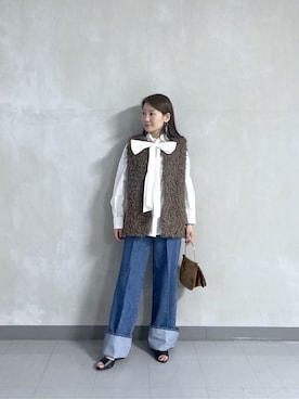 「GALLEST（ギャレスト）のタイプライター2Wayボウタイブラウス（シャツ/ブラウス、ホワイト系）」を使った、takaさん（レディース・160cm）の秋コーディネート
