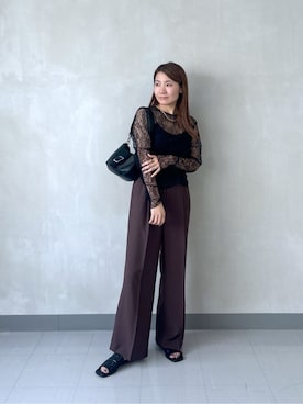 「GALLEST（ギャレスト）のレースストレッチカットソー（Tシャツ/カットソー、ブラック系）」を使った、takaさん（レディース・160cm）の秋コーディネート