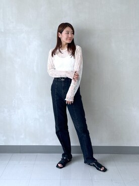 「GALLEST（ギャレスト）のレースストレッチカットソー（Tシャツ/カットソー、ホワイト系）」を使った、takaさん（レディース・160cm）の秋コーディネート