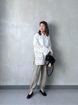 「GALLEST（ギャレスト）の幾何柄レースビッグシャツ（シャツ/ブラウス、ホワイト系）」を使った、takaさん（レディース・160cm）の春コーディネート