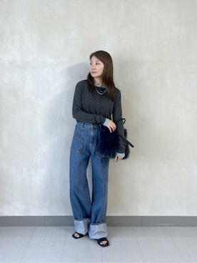 「GALLEST（ギャレスト）のバイカラーヘンリーネックレイヤーカットソー（Tシャツ/カットソー、グレー系）」を使った、takaさん（レディース・160cm）の秋コーディネート