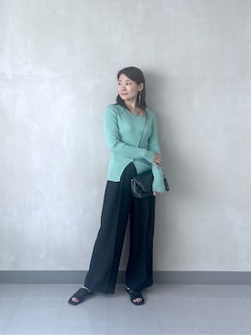 「GALLEST（ギャレスト）のカッティングアシメリブニット（ニット/セーター、グリーン系）」を使った、takaさん（レディース・160cm）の秋コーディネート