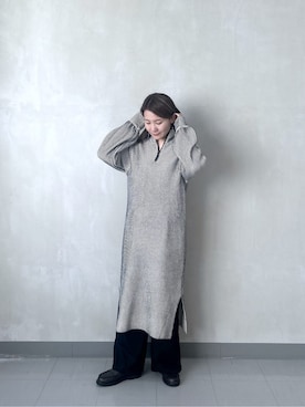 「GALLEST（ギャレスト）のスタンドネックニットワンピース（ワンピース、グレー系）」を使った、takaさん（レディース・160cm）の冬コーディネート