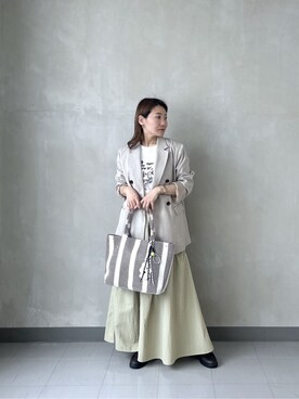 「GALLEST（ギャレスト）のダブルブレストオーバージャケット（テーラードジャケット、ベージュ系）」を使った、takaさん（レディース・160cm）の春コーディネート