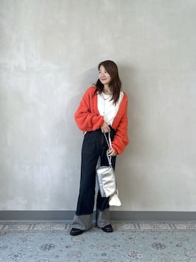 「GALLEST（ギャレスト）のブークレカーディガン（カーディガン/ボレロ、オレンジ系）」を使った、takaさん（レディース・160cm）の秋コーディネート