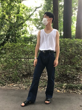 「BEAUTY&YOUTH UNITED ARROWS（ビューティーアンドユースユナイテッドアローズ）のBY チューブ タンクトップ（タンクトップ、ホワイト系）」を使った、kantaさん（メンズ・168cm）の夏コーディネート