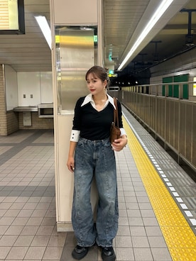 「アイテム（ポロシャツ、ブラック系）」を使った、さきさん（レディース・155cm）の夏コーディネート