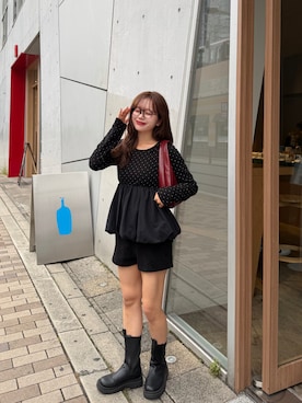 「SHAGGIE（シャギー）の【絶対絶対盛れる！韓国風ショートパンツ】モノグラムタイトハイウエストショートパンツ（其他裤装、ブラック系）」を使った、さきさん（レディース・155cm）の秋コーディネート