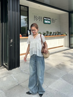 「Loueme（ルエム）のポインテッドトゥ太ベルトミュール（パンプス、ホワイト系）」を使った、さきさん（レディース・155cm）の夏コーディネート