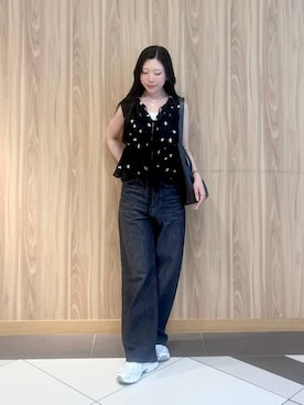 「LOWRYS FARM（ローリーズファーム）のスタイルＵＰクロスカップキャミ　100757（Tシャツ/カットソー、ホワイト系）」を使った、Hinaさん（レディース・162cm）の夏コーディネート