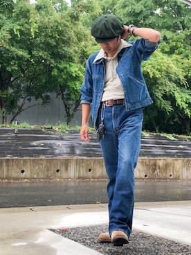 「70'sコーデ」｜「アイテム（デニムジャケット）」を使った、眼鏡(本体)さん（メンズ・173cm）の春コーディネート