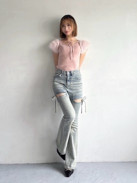 「RESEXXY（リゼクシー）の【新色追加】カットアウトリボンデニムパンツ（デニムパンツ、ブルー系）」を使った、yunaさん（レディース・161cm）の夏コーディネート