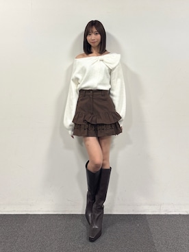 「RESEXXY（リゼクシー）のレースレイヤードフレアミニスカート（スカート、ブラウン系）」を使った、yunaさん（レディース・161cm）の秋コーディネート