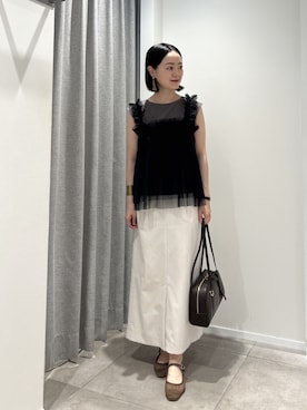 「NATURAL BEAUTY BASIC（ナチュラルビューティーベーシック）のチュールキャミドッキングカットソー（Tシャツ/カットソー、グレー系）」を使った、ikuenbbさん（レディース・161cm）の夏コーディネート