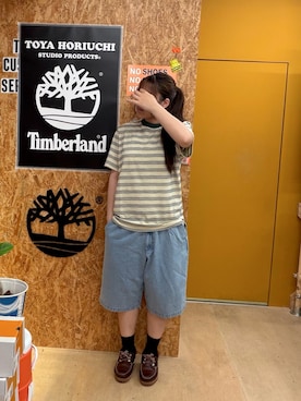 「Timberland（ティンバーランド）のストライプ 半袖 Tシャツ メンズ（Tシャツ/カットソー、ベージュ系）」を使った、かりなさん（レディース・164cm）の夏コーディネート