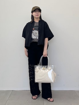 「SLOBE IENA（スローブイエナ）の《シリーズあり》レース編みニットパンツ（その他パンツ、ブラック系）」を使った、mahiroさん（レディース・160cm）の春コーディネート