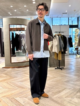 「EDIFICE（エディフィス）のLEATHER-TRIMMED シャツ ジャケット（その他アウター、グリーン系）」を使った、TERAIさん（メンズ・183cm）の春コーディネート