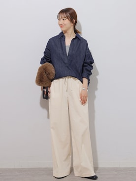 「JOURNAL STANDARD relume（ジャーナルスタンダード　レリューム）のコットンコーデュロイイージーワイドパンツ（その他パンツ、ホワイト系）」を使った、makotoさん（レディース・158cm）の秋コーディネート