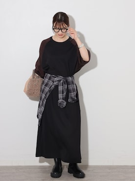 「JOURNAL STANDARD relume（ジャーナルスタンダード　レリューム）の《追加2》コットンローンチェックオーバーサイズ（シャツ/ブラウス、ブラック系）」を使った、makotoさん（レディース・158cm）の夏コーディネート