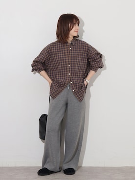 「JOURNAL STANDARD relume（ジャーナルスタンダード　レリューム）のソフトピーチチェックオーバーサイズシャツ（シャツ/ブラウス、ブラウン系）」を使った、makotoさん（レディース・158cm）の秋コーディネート