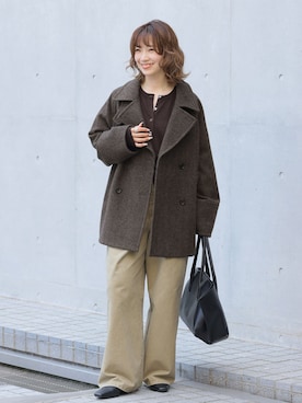 「JOURNAL STANDARD relume（ジャーナルスタンダード　レリューム）の尾州ウールスーパー100スタンドPコート（ピーコート、ブラウン系）」を使った、makotoさん（レディース・158cm）の夏コーディネート