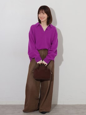 「JOURNAL STANDARD relume（ジャーナルスタンダード　レリューム）のコットンツイルワイドパンツ（デニムパンツ、ブラウン系）」を使った、makotoさん（レディース・158cm）の秋コーディネート