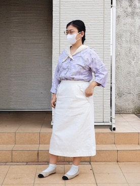 「Handmade（ハンドメイド）のアイテム（スカート、ホワイト系）」を使った、rinaさん（レディース・158cm）の春コーディネート