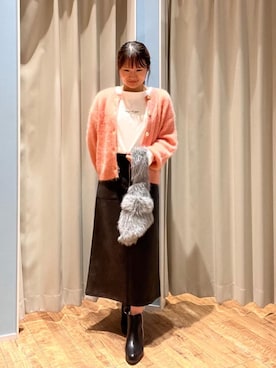 「DRESKIP（ドレスキップ）の【S-LL】ふわふわシャギー 大人レディなカーディガン（カーディガン/ボレロ、ピンク系）」を使った、もんちゃんさん（レディース・158cm）の冬コーディネート