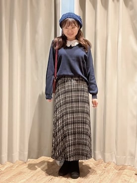 「DRESKIP（ドレスキップ）の【襟取り外し可/S-LL】上品見え レース襟ニット（ニット/セーター、ブルー系）」を使った、もんちゃんさん（レディース・158cm）の冬コーディネート