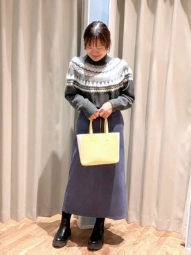 「SHOO・LA・RUE（シューラルー）の【洗濯機可/S-LL】配色が大人かわいい　フェアアイル柄求心ニット（ニット/セーター、グレー系）」を使った、もんちゃんさん（レディース・158cm）の冬コーディネート